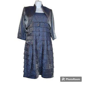 Jessica Howard 2PC Dress Set, Women 4P, Silver Blue Tiered Dress w/Jacket EUC
